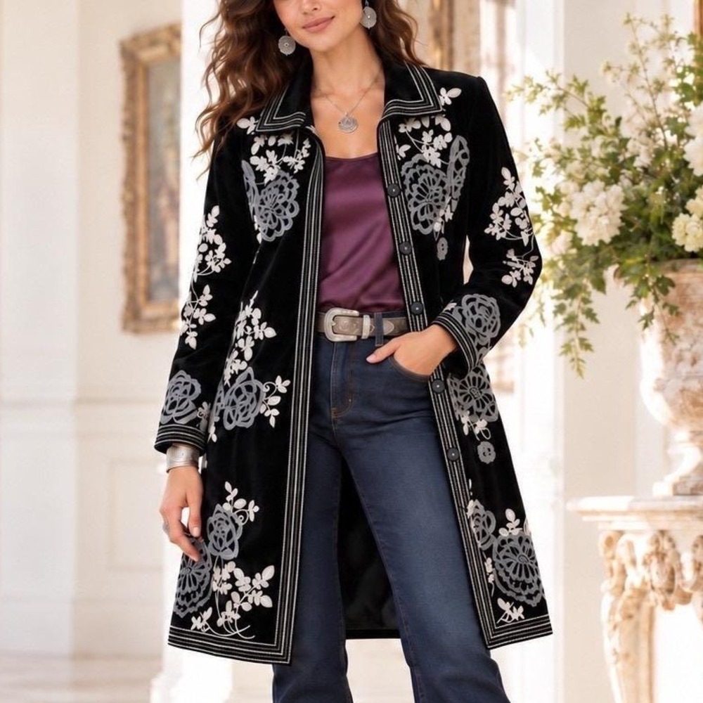 Black Velvet Floral Embroidered Long Jacket Whimsygoth Dark Romantic Overcoat
